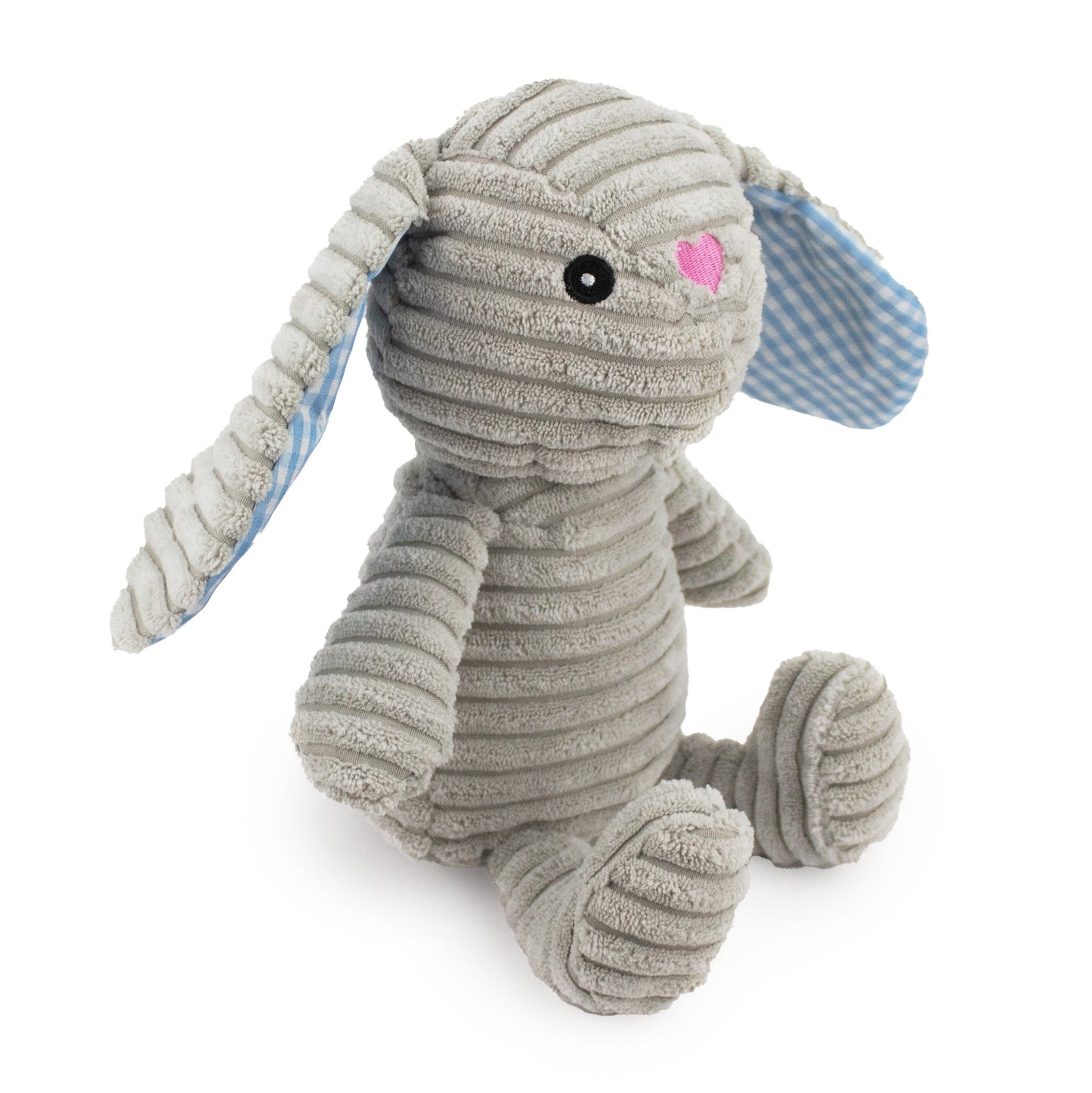 9" Corduroy Rabbit w/ Squeaker & Crinkle - Gray plush dog toy with soft fabric, designed for gentle play and cuddling