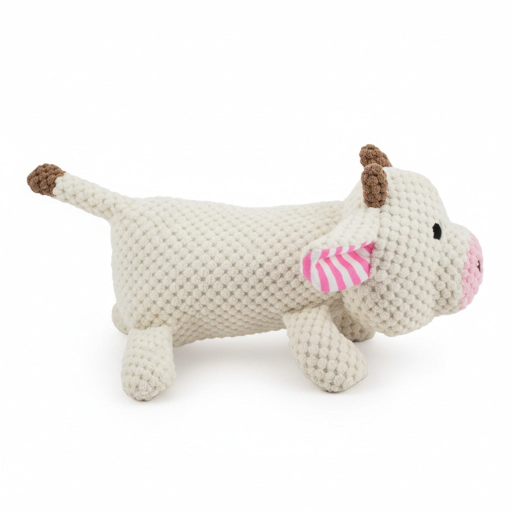 12" Corduroy Lying Cow w/ Squeaker & Crinkle plush dog toy with soft fabric, designed for gentle play and cuddling