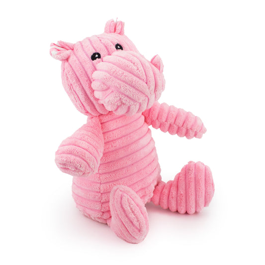 9" Corduroy Sitting Hippo w/ Squeaker & Crinkle plush dog toy with soft fabric, designed for gentle play and cuddling