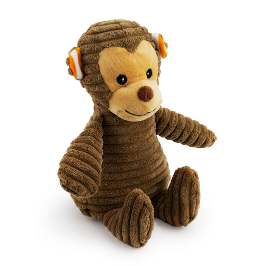 9" Corduroy Monkey w/ Squeaker & Crinkle plush dog toy with soft fabric, designed for gentle play and cuddling