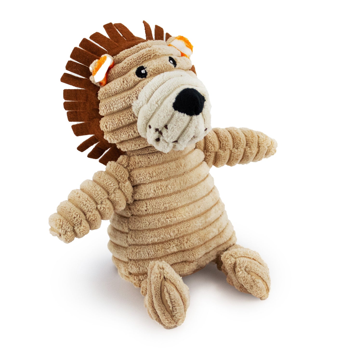 9" Corduroy Lion w/ Squeaker & Crinkle plush dog toy with soft fabric, designed for gentle play and cuddling