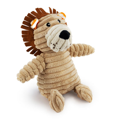 9" Corduroy Lion w/ Squeaker & Crinkle plush dog toy with soft fabric, designed for gentle play and cuddling