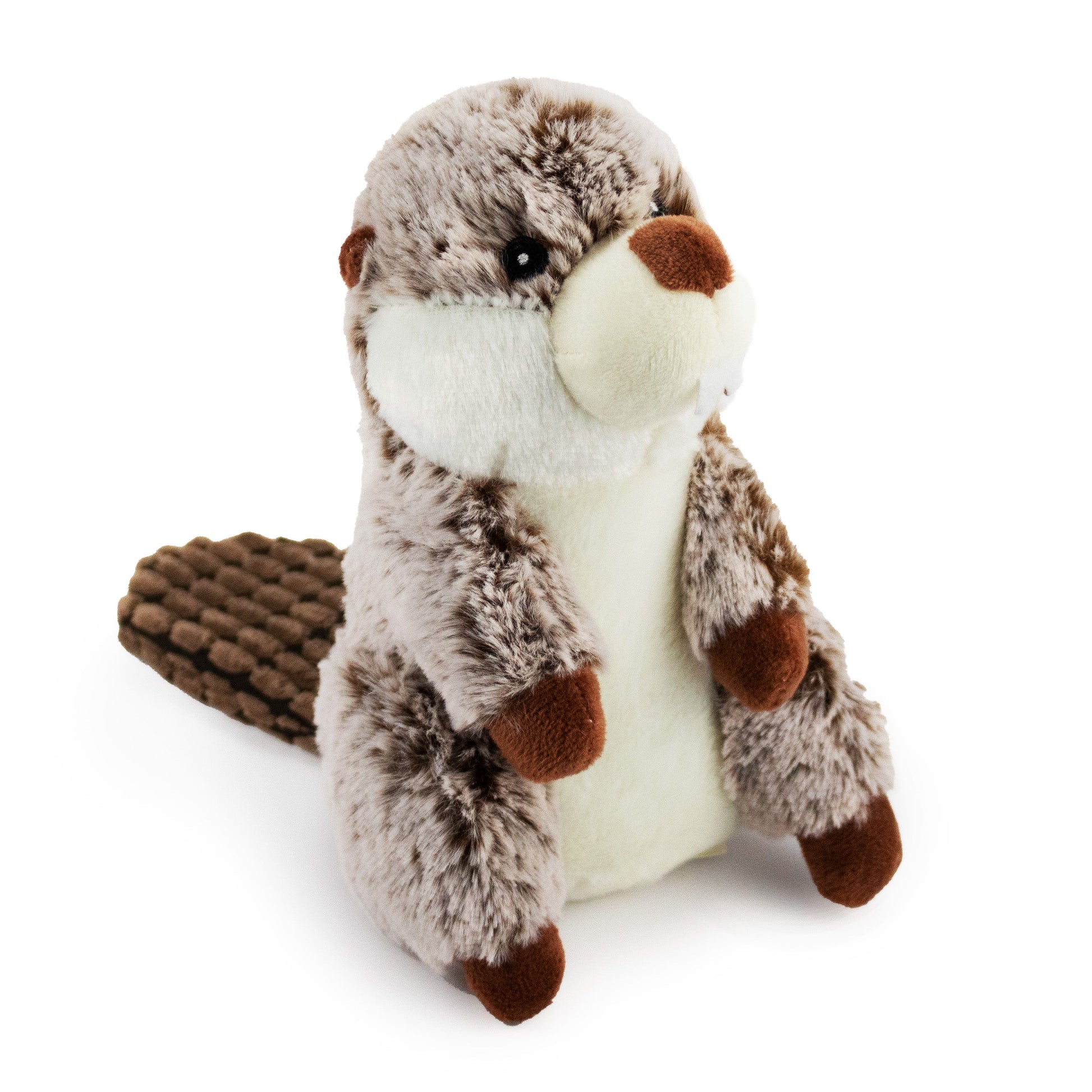 8" Beaver w/ Honker and Crinkle and corduroy tail plush dog toy with soft fabric, designed for gentle play and cuddling