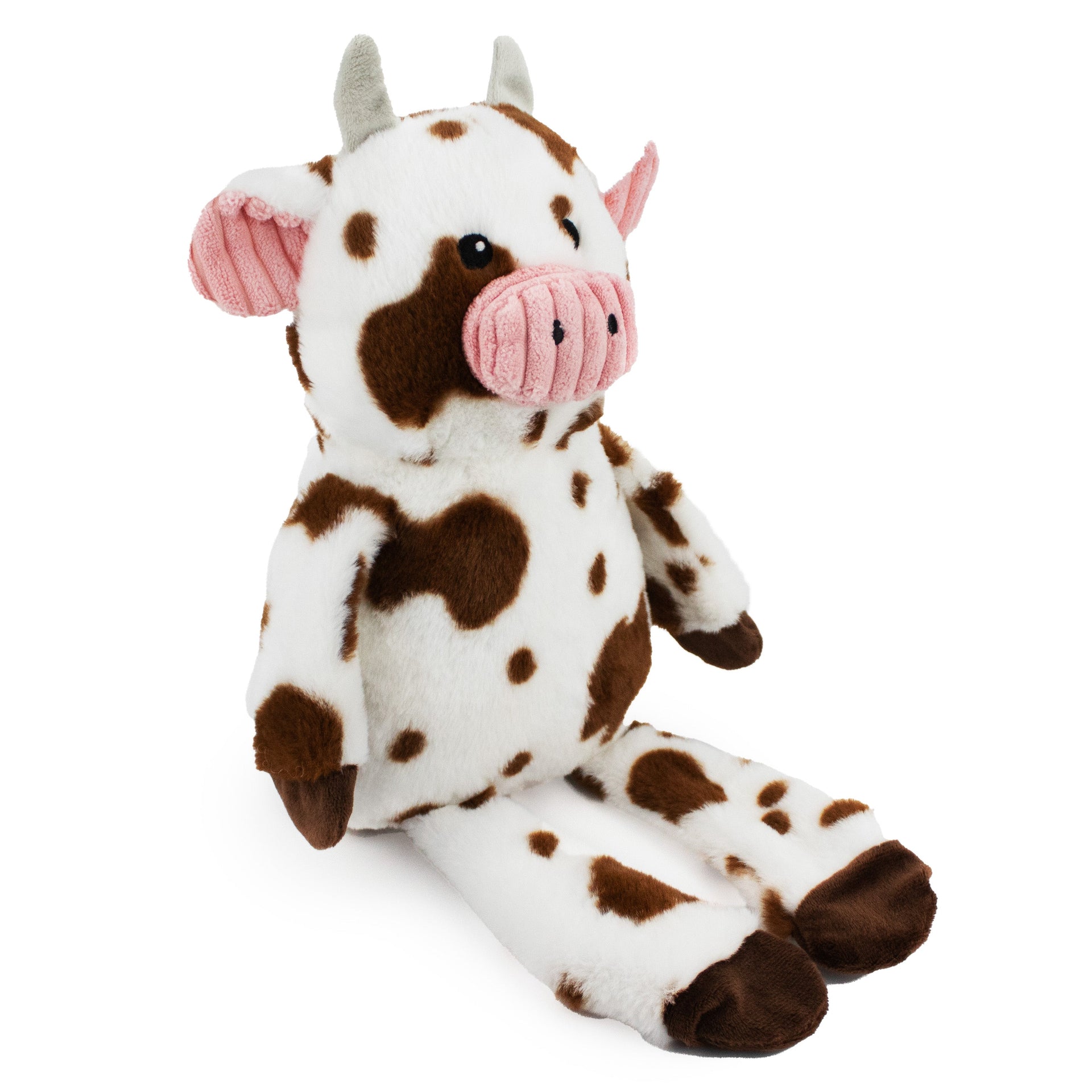 12" Cow w/ squeaker and crinkle plush dog toy with soft fabric, designed for gentle play and cuddling