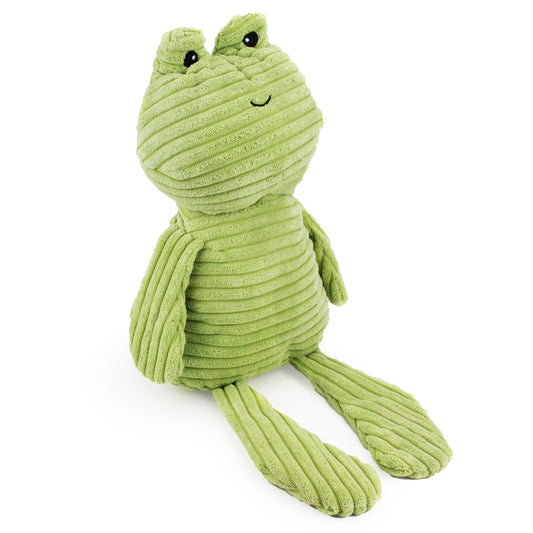 8.5" Frog w/ squeaker and crinkle plush dog toy with soft fabric, designed for gentle play and cuddling