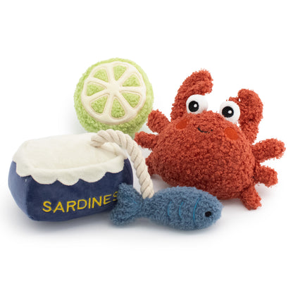 4.5" Ocean Munch Bunch w/ Squeaker - 3 Pack plush dog toy with soft fabric, designed for gentle play and cuddling