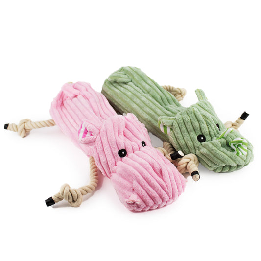 12 stuffless bottle insert rhino and hippo w/ squeaker, crinkle and rope - 2 pack - soft plush squeaky dog toy with corduroy-style texture, fun for pet play and snuggles