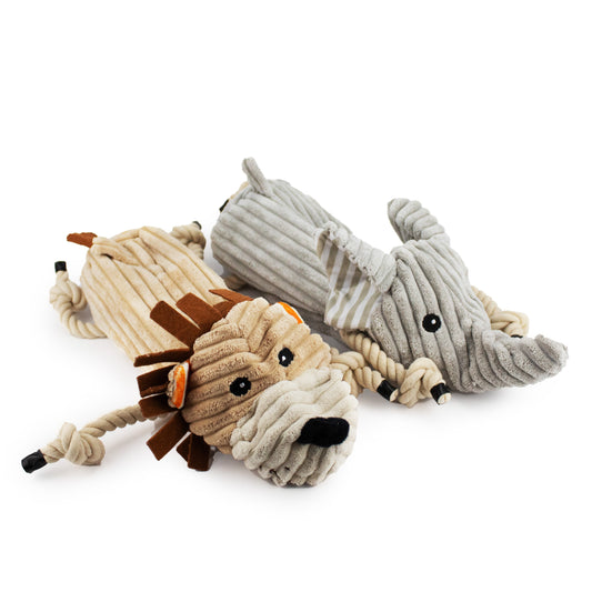 12 stuffless bottle insert elephant and lion w/ squeaker, crinkle and rope - 2 pack - soft plush squeaky dog toy with corduroy-style texture, fun for pet play and snuggles