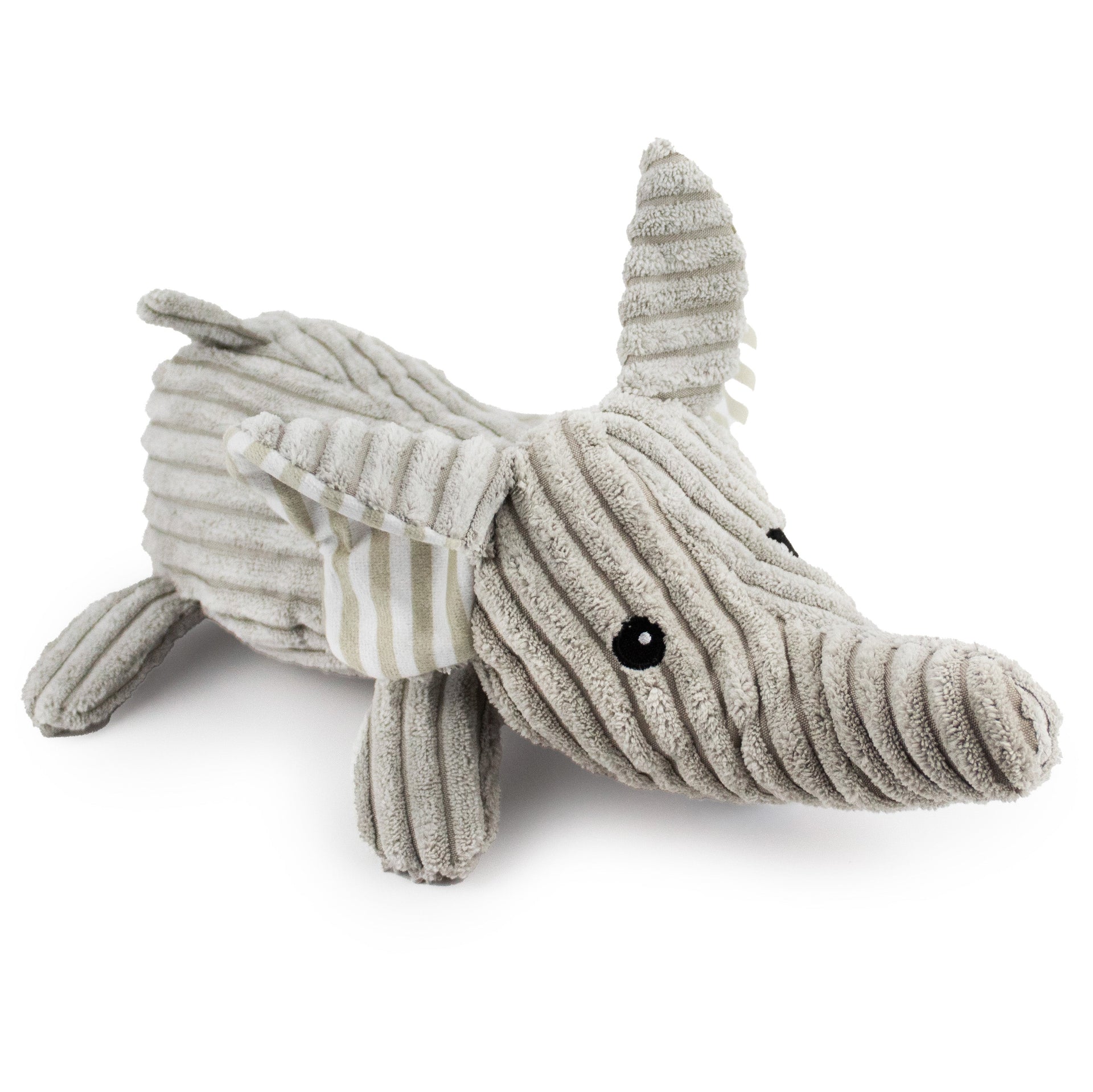 12" Corduroy Lying Elephant w/ Squeaker & Crinkle plush dog toy with soft fabric, designed for gentle play and cuddling
