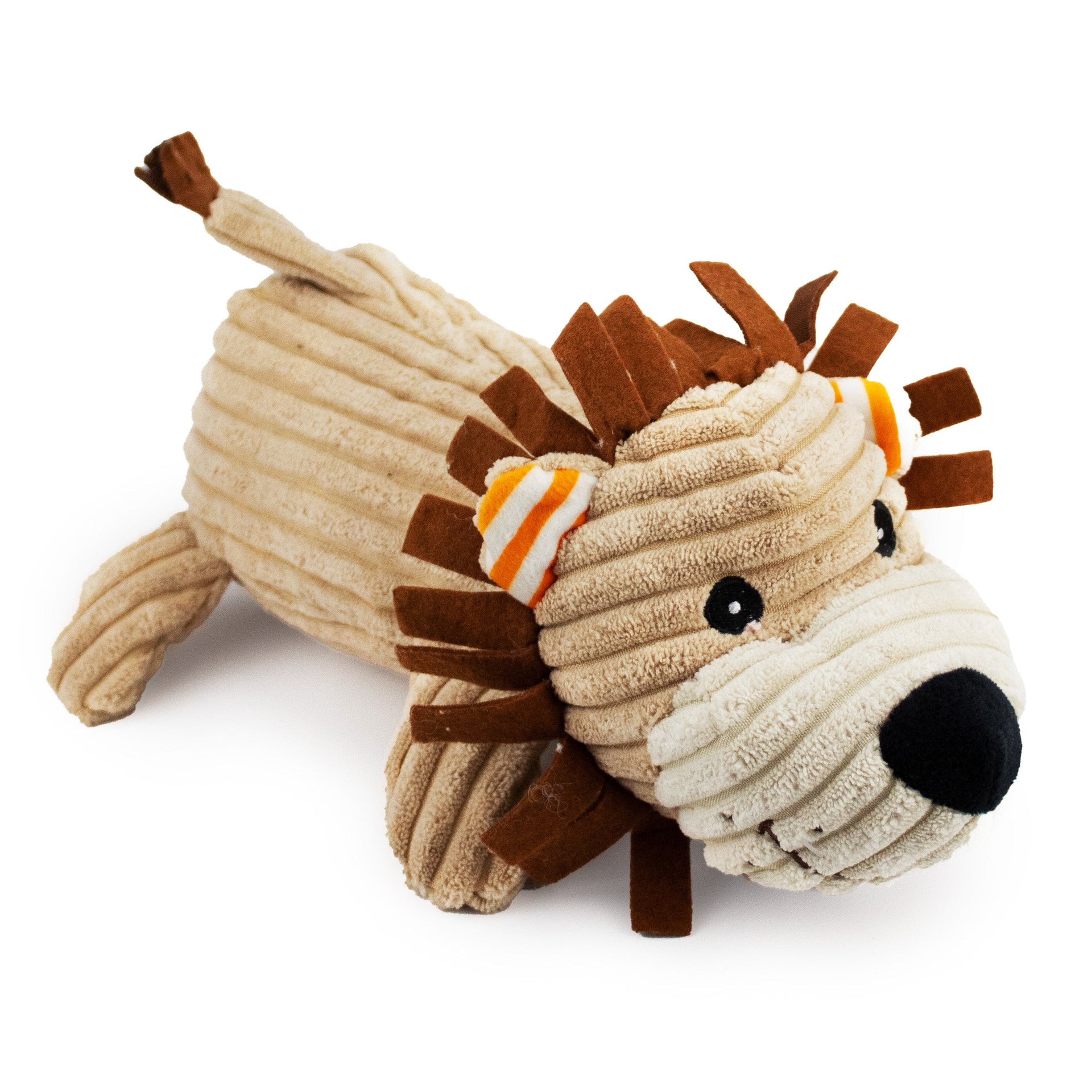 12" Corduroy Lying Lion w/ Squeaker & Crinkle plush dog toy with soft fabric, designed for gentle play and cuddling