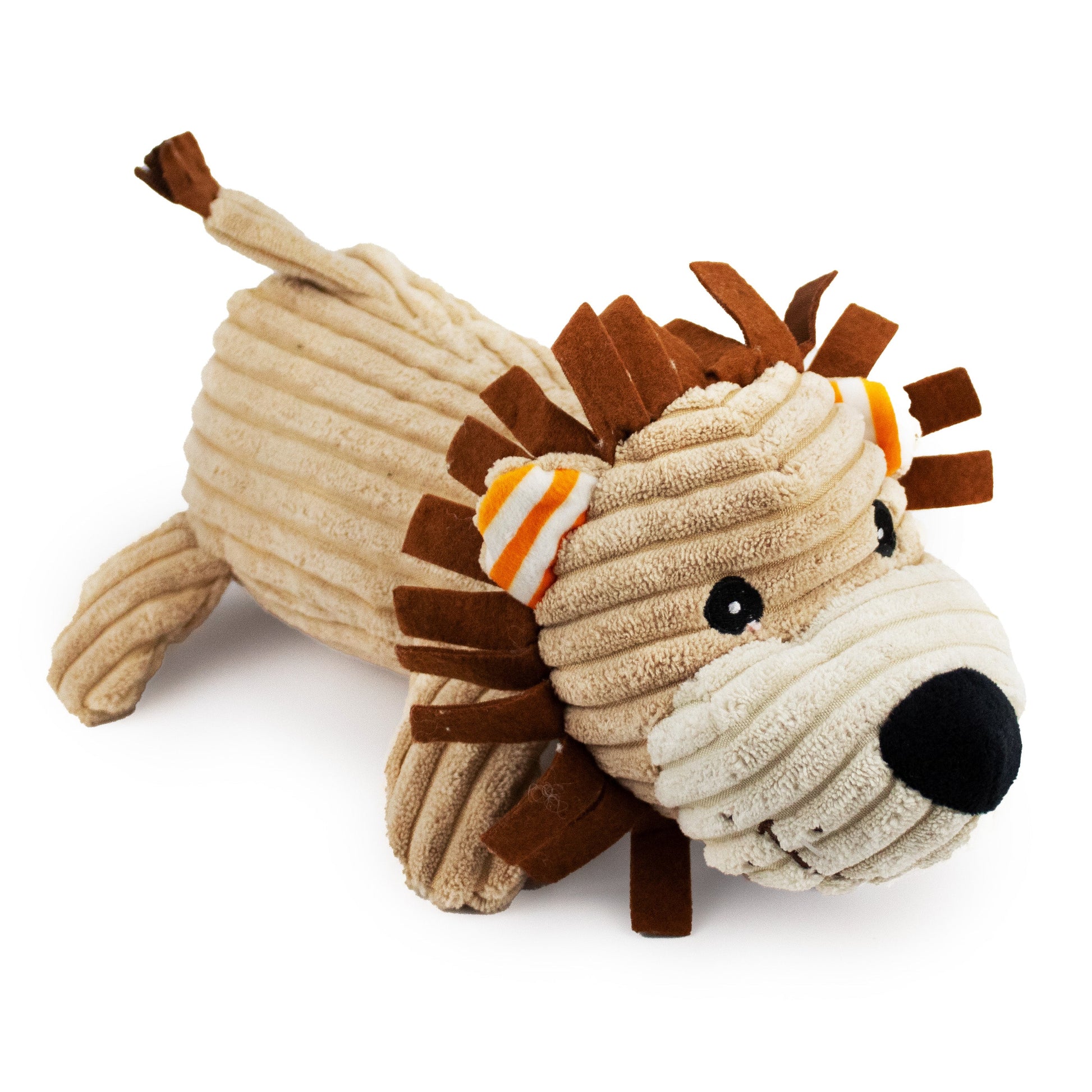 12 corduroy lying lion w/ squeaker and crinkle - soft plush squeaky dog toy with corduroy-style texture, fun for pet play and snuggles
