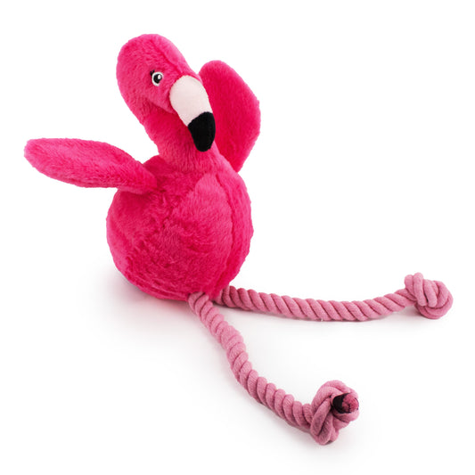 10 sitting flamingo w/ squeaker ball and rope - soft plush squeaky dog toy with corduroy-style texture, fun for pet play and snuggles