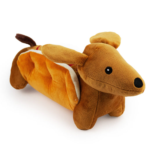 10 dog in bun w/ squeaker - soft plush squeaky dog toy with corduroy-style texture, fun for pet play and snuggles