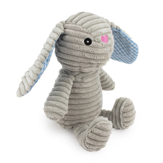 9" Corduroy Rabbit w/ Squeaker & Crinkle - Gray plush dog toy with soft fabric, designed for gentle play and cuddling