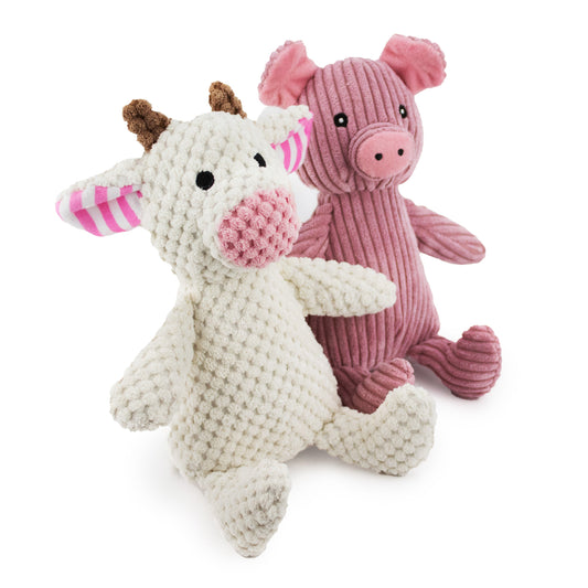 7 corduroy farm w/ squeaker, grunter and crinkle - 2 pack - soft plush squeaky dog toy with corduroy-style texture, fun for pet play and snuggles