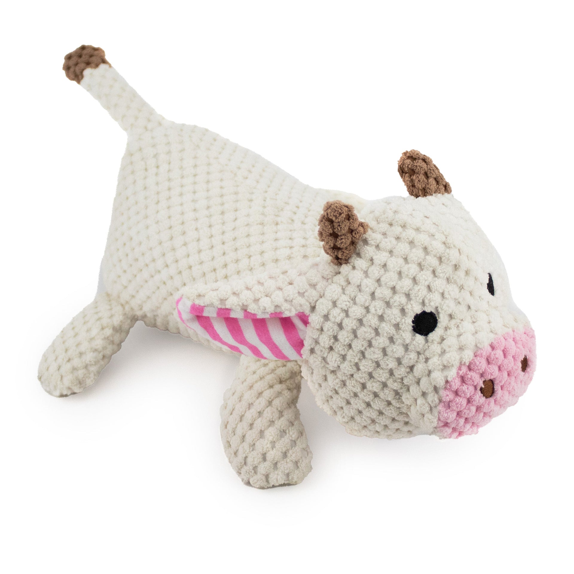 12" Corduroy Lying Cow w/ Squeaker & Crinkle plush dog toy with soft fabric, designed for gentle play and cuddling