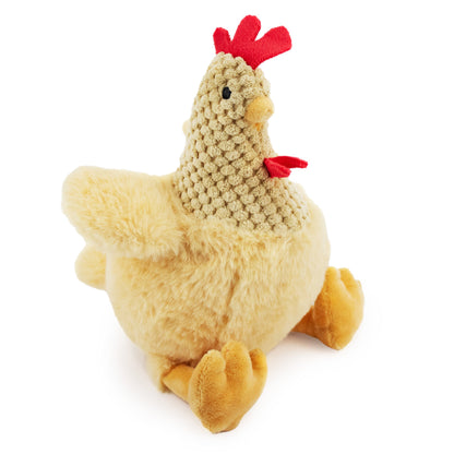 8" Rudy Rooster w/ Squeaker Ball & Crinkle - Tan plush dog toy with soft fabric, designed for gentle play and cuddling
