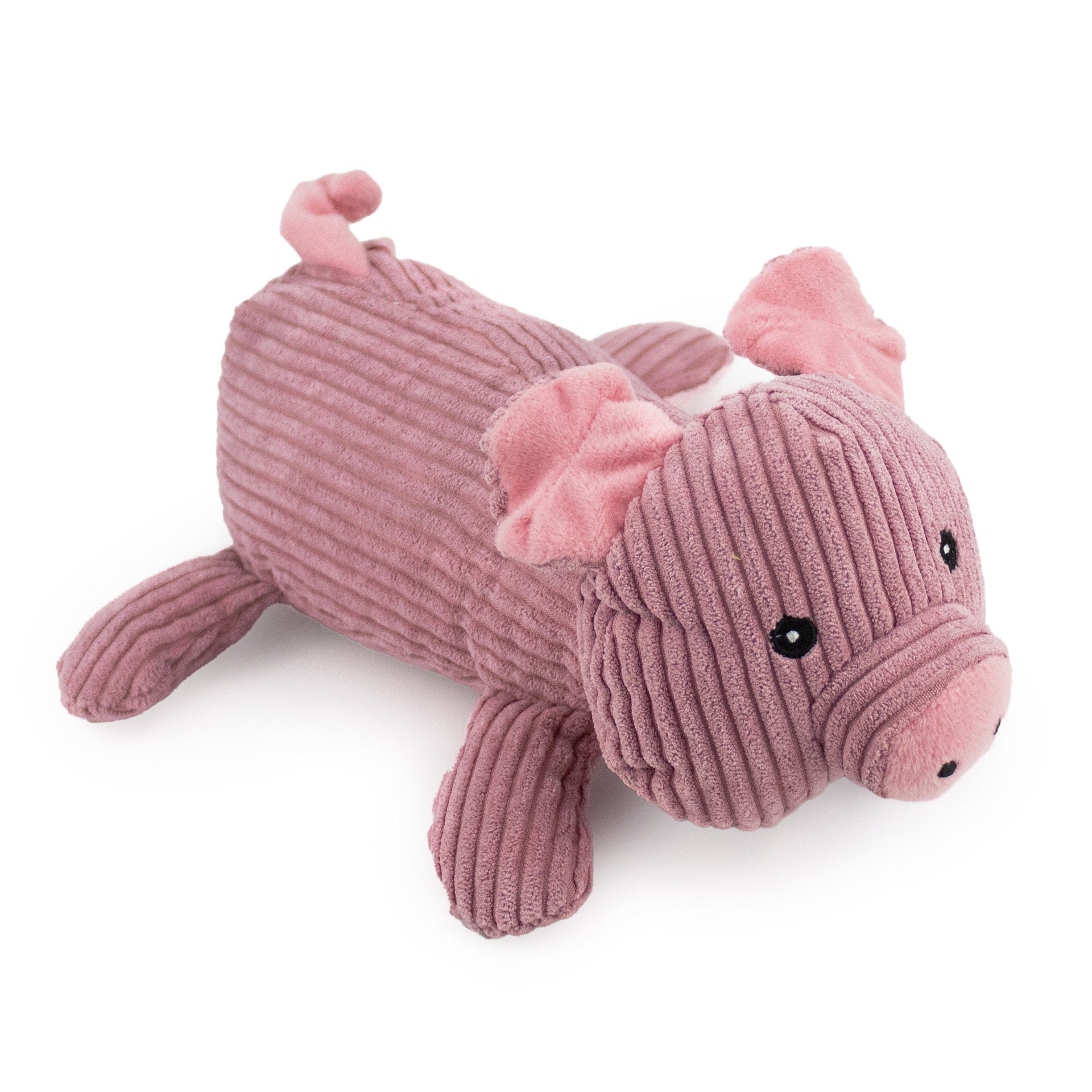12" Corduroy Lying Pig w/ Squeaker & Crinkle plush dog toy with soft fabric, designed for gentle play and cuddling