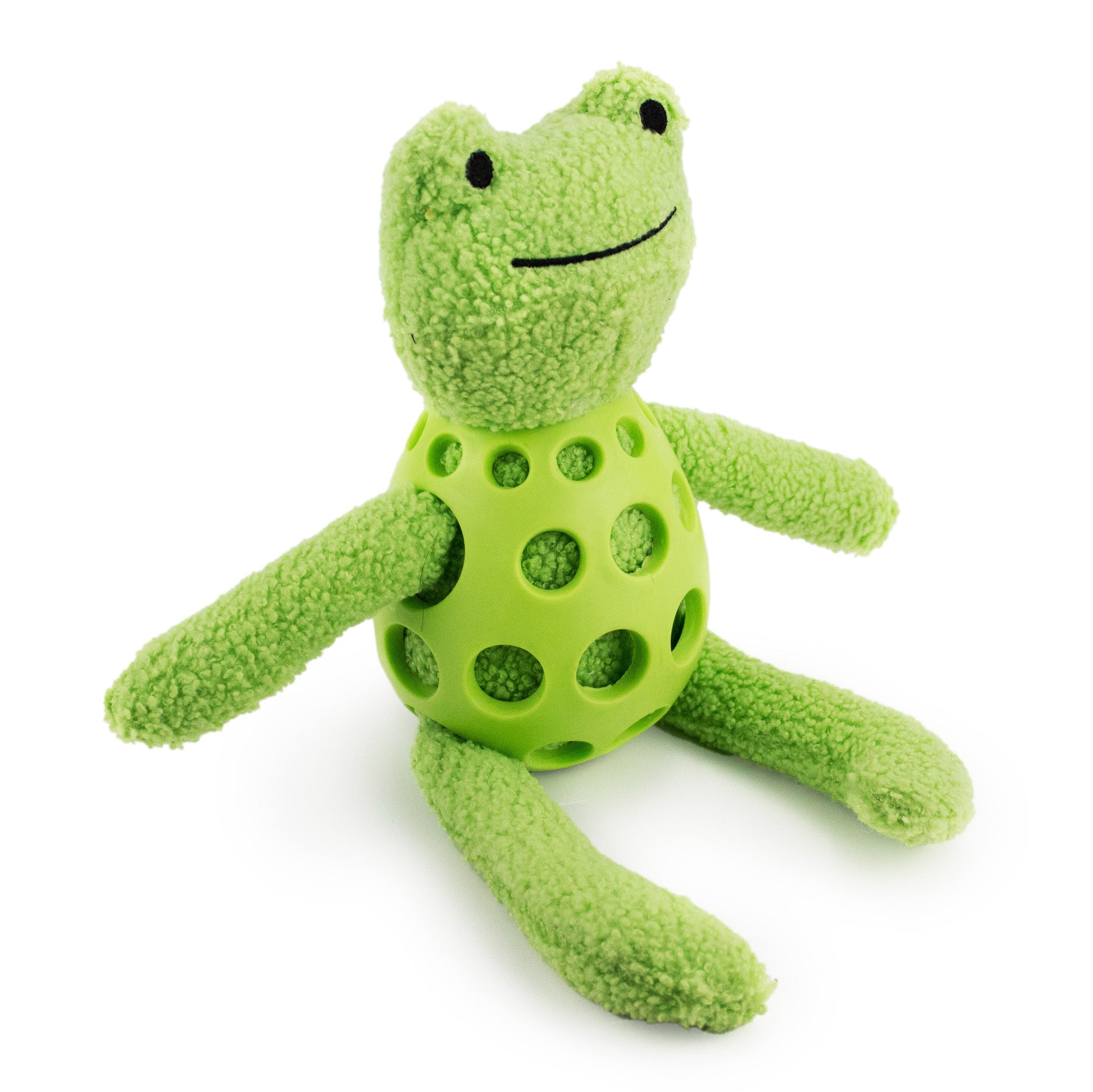 14" Freddy Frog w/ Squeaker, Crinkle & Rubber Body plush dog toy with soft fabric, designed for gentle play and cuddling