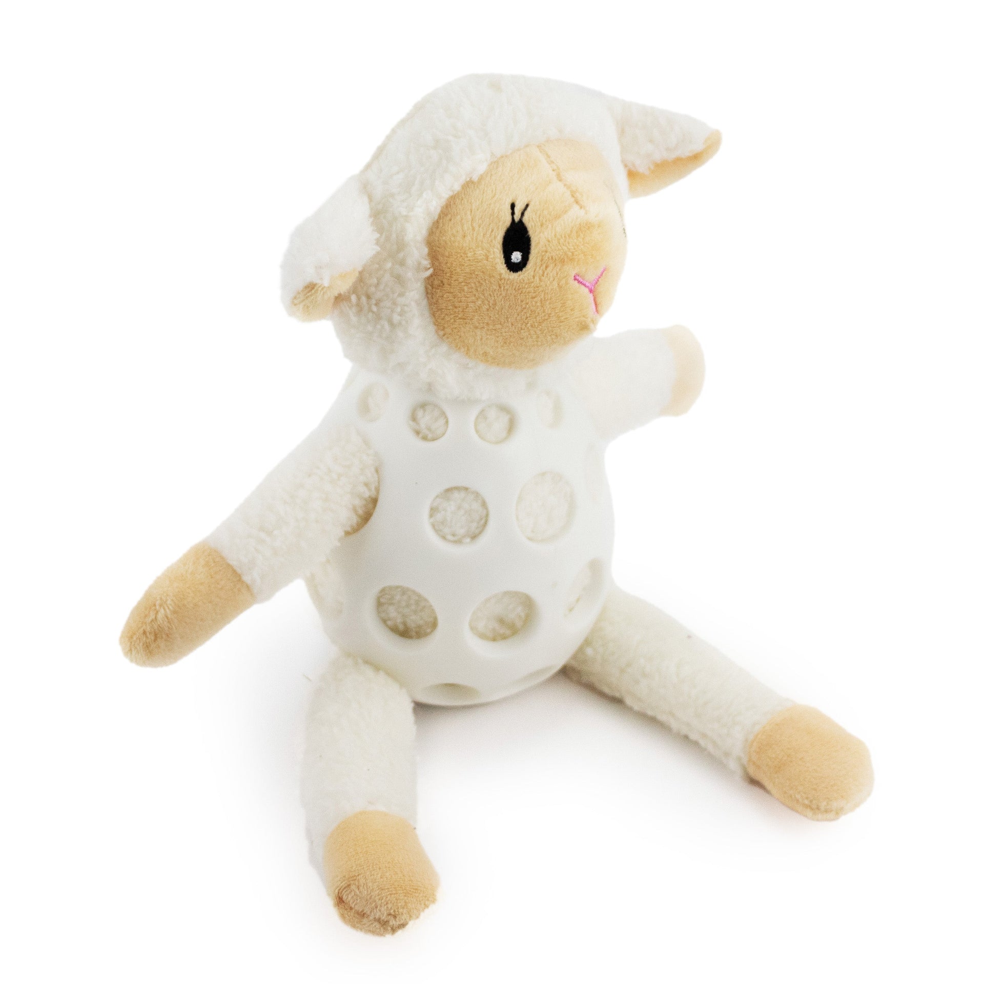 14" Lily Lamb w/ Squeaker, Crinkle & Rubber Body plush dog toy with soft fabric, designed for gentle play and cuddling