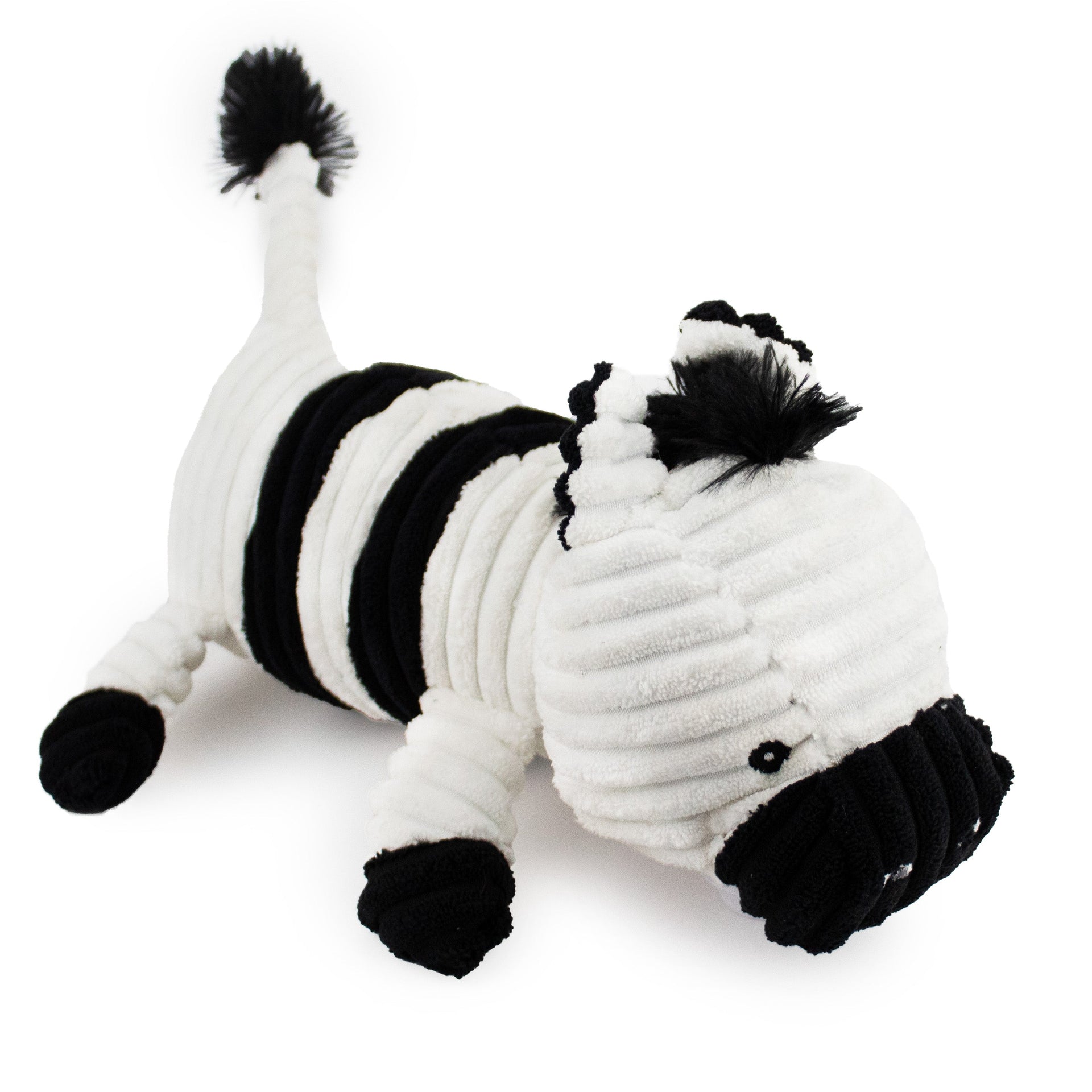 12" Corduroy Lying Zebra w/ Squeaker & Crinkle plush dog toy with soft fabric, designed for gentle play and cuddling