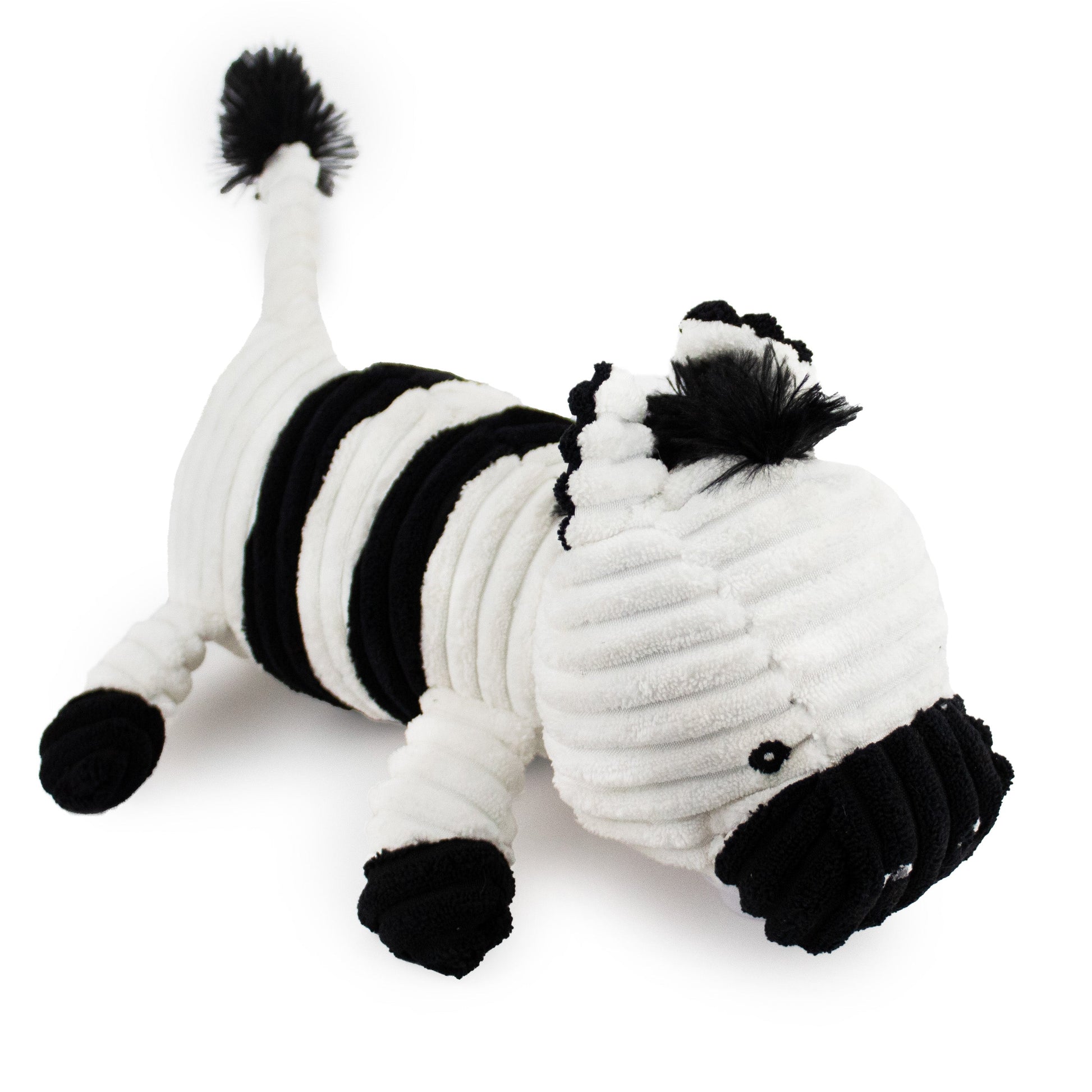 12 corduroy lying zebra w/ squeaker and crinkle - soft plush squeaky dog toy with corduroy-style texture, fun for pet play and snuggles