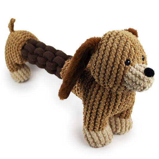 17 dash dachshund w/ squeaker,  crinkle and rope - soft plush squeaky dog toy with corduroy-style texture, fun for pet play and snuggles