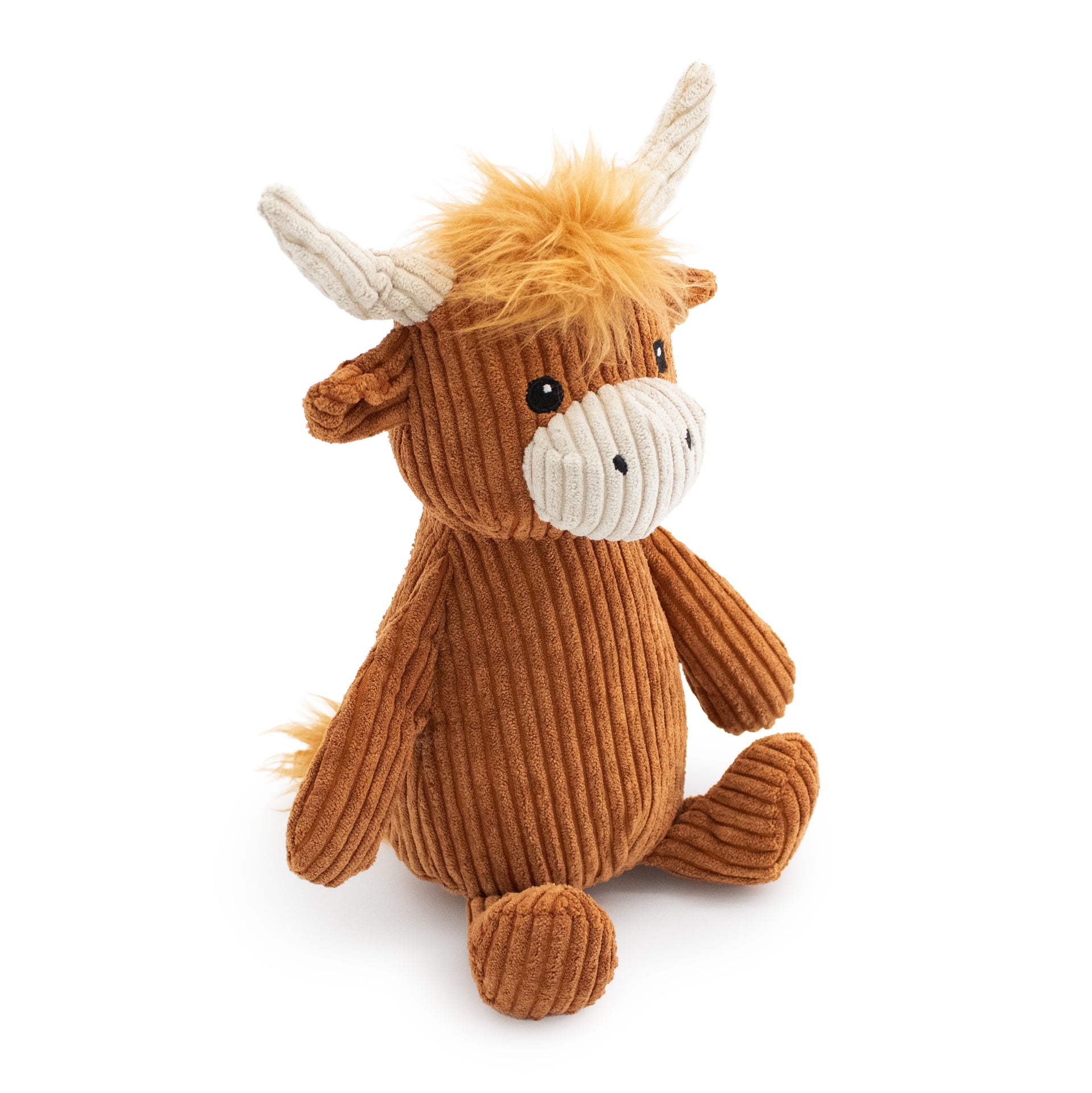 9" Moo-Lisa Highland Cow w/ Squeaker & Crinkle plush dog toy with soft fabric, designed for gentle play and cuddling