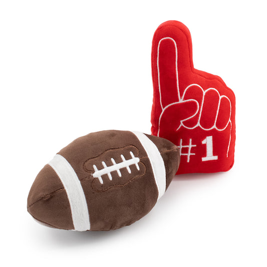 7" Game Day Duo w/ Squeaker & Crinkle plush dog toy with soft fabric, designed for gentle play and cuddling