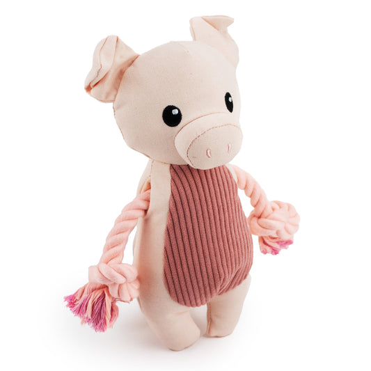 9 canvy pig w/ squeaker, crinkle and rope - soft plush squeaky dog toy with corduroy-style texture, fun for pet play and snuggles