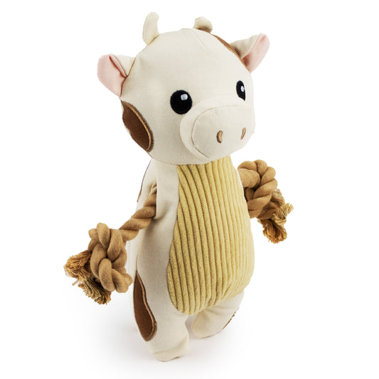 9 canvy cow w/ squeaker, crinkle and rope - soft plush squeaky dog toy with corduroy-style texture, fun for pet play and snuggles