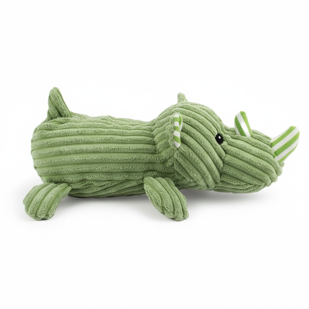 12" Corduroy Lying Rhino w/ Squeaker & Crinkle plush dog toy with soft fabric, designed for gentle play and cuddling
